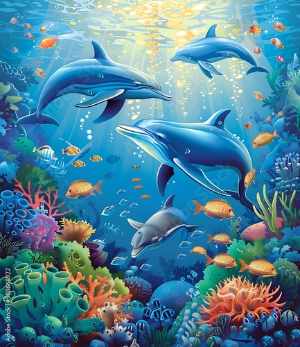 Underwater Scene with Dolphins and Coral Reef