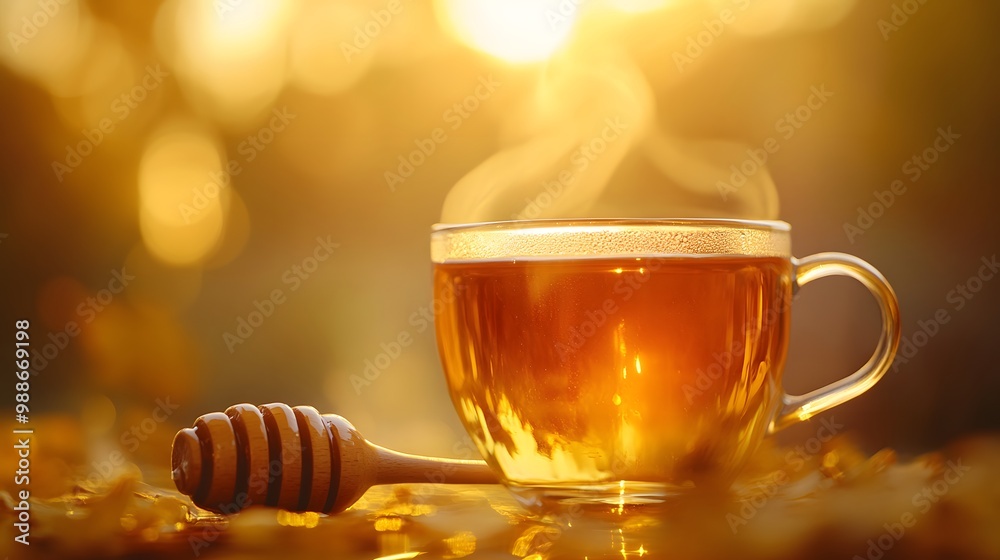 Hot Tea with Honey and Sunset Background Hot Tea with Honey and Sunset Background