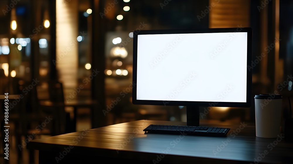 Modern Desktop Computer with Blank Screen in Cafe at Night Modern Desktop Computer with Blank Screen in Cafe at Night