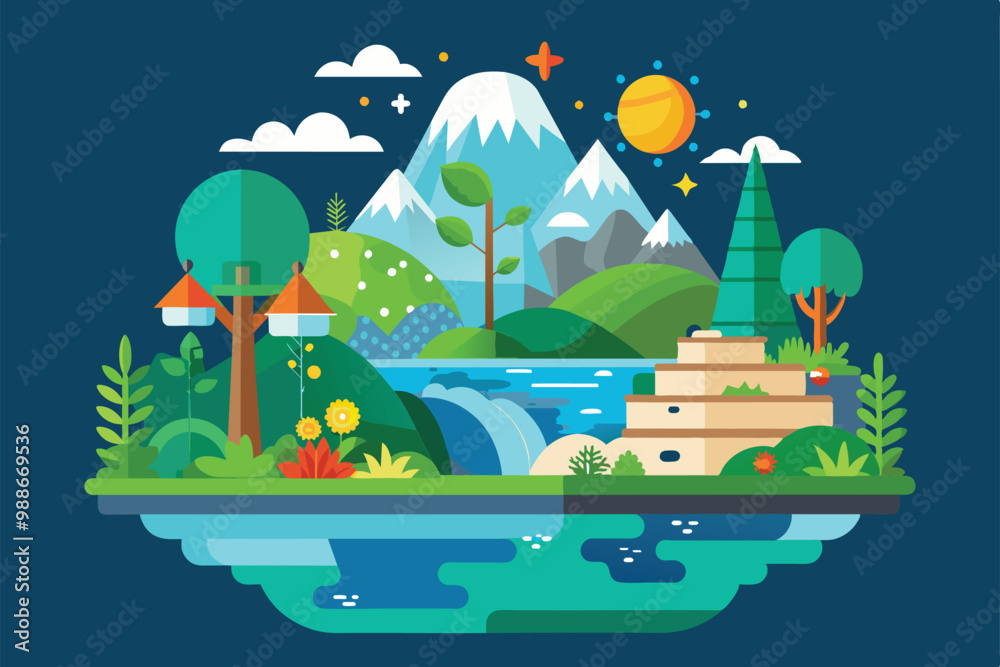 Obraz premium A colorful landscape features mountains, a waterfall, and various plants under a clear blue sky, Ecosystem Customizable Semi Flat Illustration