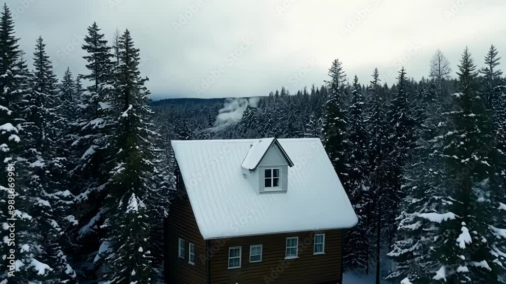Cozy wooden cabin with snow covered roof is standing in a tranquil forest blanketed in fresh snow, offering a serene escape from the hustle and bustle of city life Cozy wooden cabin with snow covered roof is standing in a tranquil forest blanketed in fresh snow, offering a serene escape from the hustle and bustle of city life