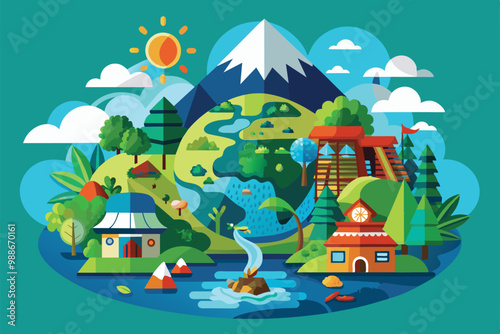 An engaging depiction of nature-focused ecotourism illustrating serene landscapes and vibrant local culture, Ecotourism Customizable Disproportionate Illustration