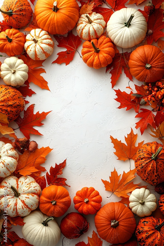 A decorative border of vibrant orange and white pumpkins with bright red and gold maple leaves, ideal for Thanksgiving and Halloween themes. A decorative border of vibrant orange and white pumpkins with bright red and gold maple leaves, ideal for Thanksgiving and Halloween themes.