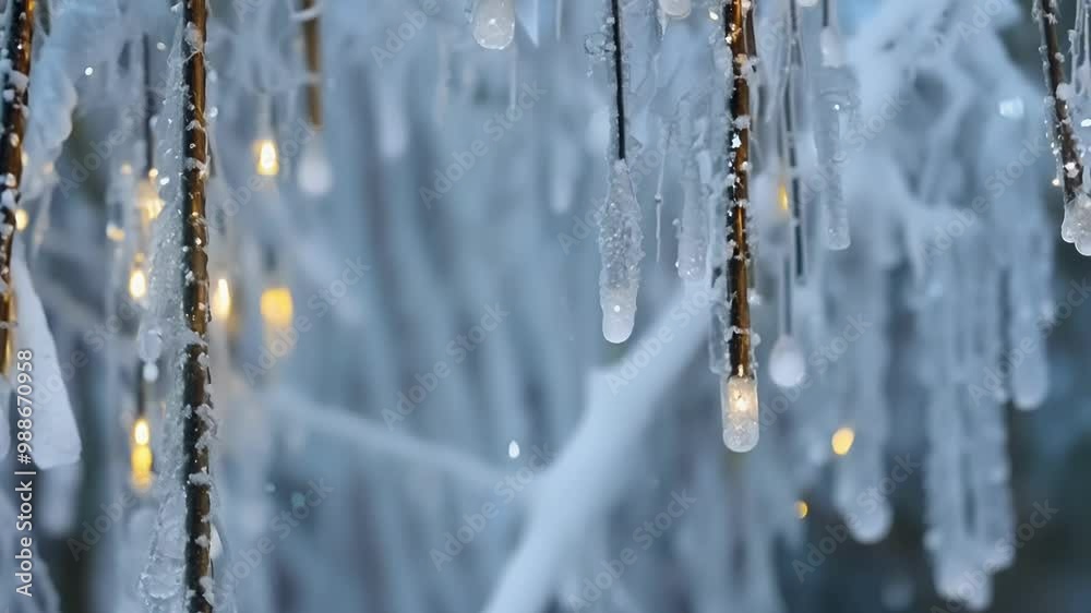 Icicles are forming on string lights, creating a beautiful and delicate winter scene. The lights illuminate the ice, casting a warm glow on the cold winter day Icicles are forming on string lights, creating a beautiful and delicate winter scene. The lights illuminate the ice, casting a warm glow on the cold winter day