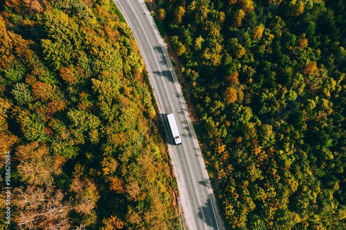 Obraz na płótnie Aerial view of truck car driving on asphalt road in fall autumn color forest w salonie