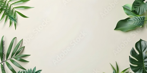 Green Tropical Leaves Frame On Beige Background