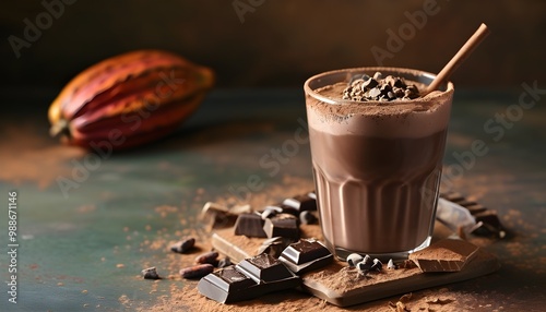 Indulgent chocolate milkshake topped with cocoa powder and chocolate chunks on a rustic wooden table photo