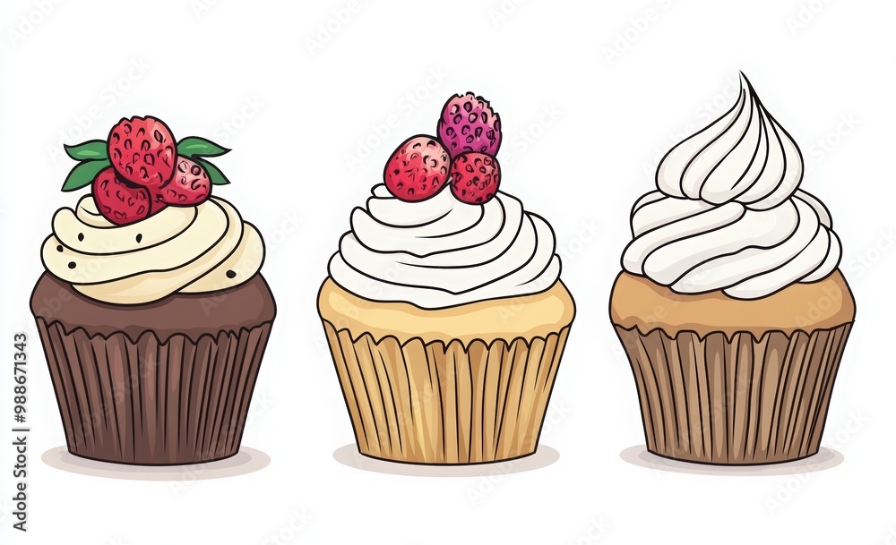 Line art vector illustration of three cupcakes with different decorations: one with chocolate and fruit on top, one vanilla cupcake with cream cheese frosting, and the other with fruits and berries. Line art vector illustration of three cupcakes with different decorations: one with chocolate and fruit on top, one vanilla cupcake with cream cheese frosting, and the other with fruits and berries.