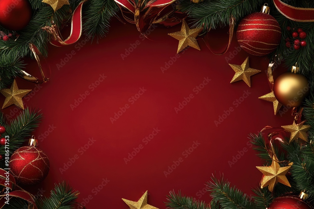 Red and Gold Christmas Decorations on Red Background Red and Gold Christmas Decorations on Red Background