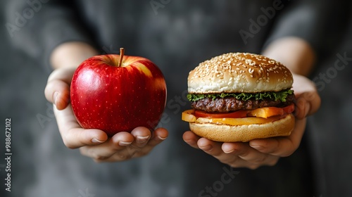 Hands holding an apple and a hamburger side by side showing healthy vs unhealthy food choice	 photo