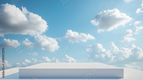 A white platform (like a stage) is shown in a 3D image. It's set against a backdrop of a clear blue sky with fluffy clouds. This image is perfect for showcasing products or displaying items.