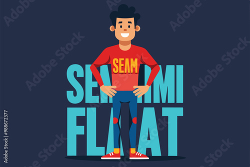 A young man poses with a smile, showcasing a customizable illustration in vibrant colors, Editing body text Customizable Semi Flat Illustration