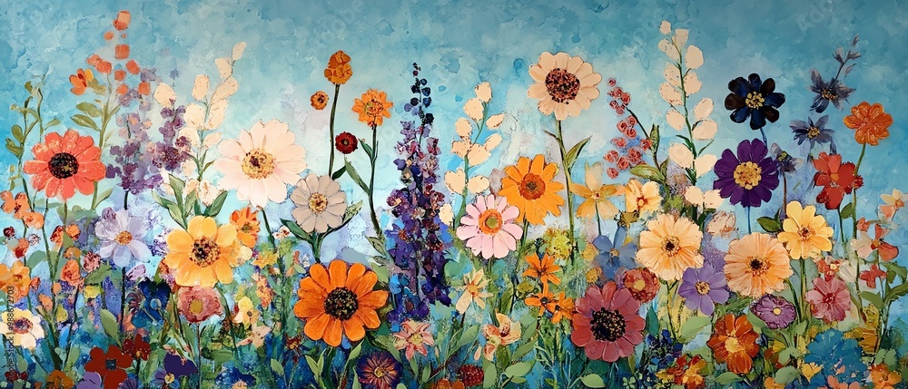 Colorful blooming flowers on a blue background Colorful blooming flowers on a blue background
