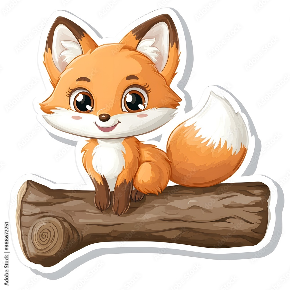 Fototapeta premium Cute Cartoon Fox Sitting on a Log