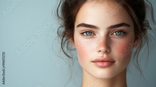 A young woman with delicate features poses against a plain gray background. Her soft skin and graceful neck highlight the concept of beauty and gentleness.