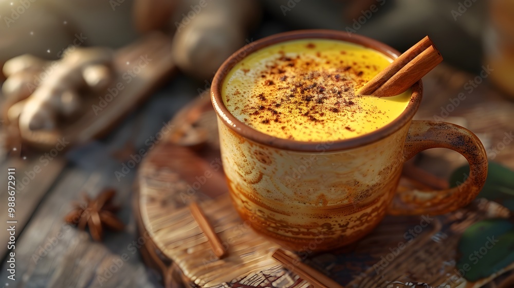 A cup of coffee with cinnamon on top sits on a wooden table A cup of coffee with cinnamon on top sits on a wooden table