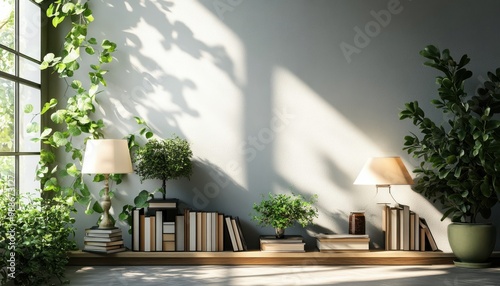 Modern Minimalist Interior Design with Bookshelf  Plants  and Lamps