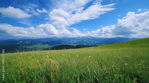 Green meadow under a blue sky with clouds