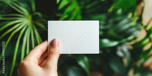 Hand holding a blank white card in front of green plants, with natural light highlighting the card.