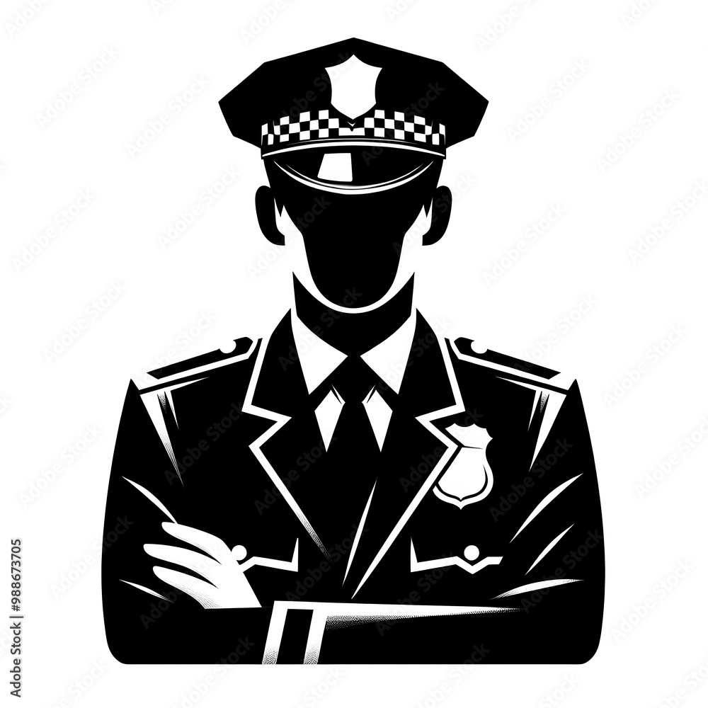 Isolated black and white vector illustration of professional police officer on white background. Isolated black and white vector illustration of professional police officer on white background.