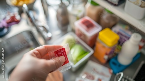 Close-up of hand holding small red allergen-free label on food package, highlighting importance of allergen awareness and safety in food consumption.