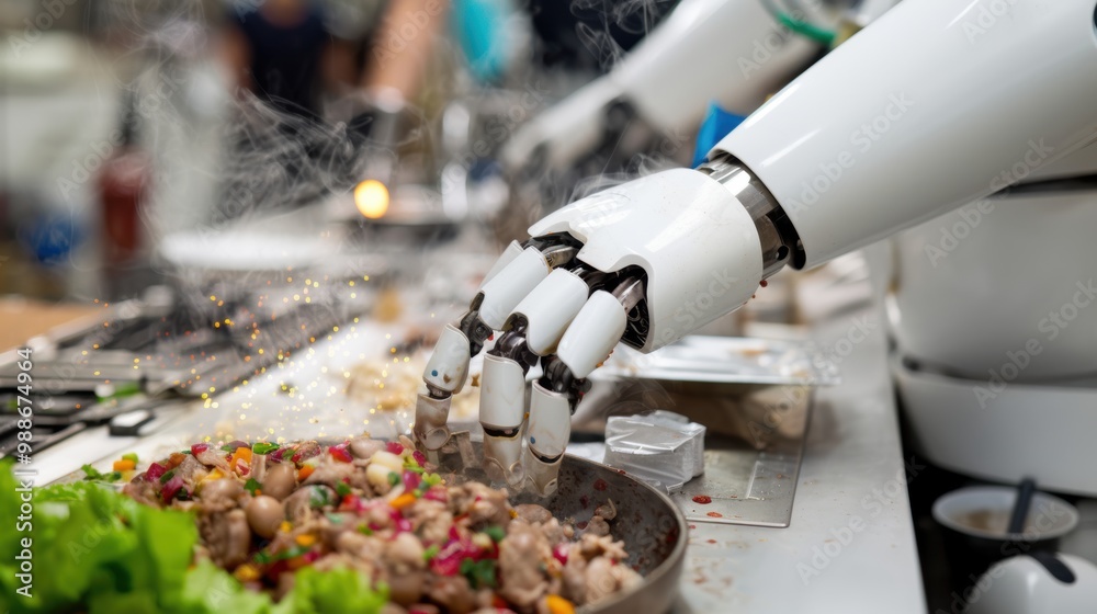Close-Up of Robotic Hand Cooking Steaming Food in Modern Kitchen Close-Up of Robotic Hand Cooking Steaming Food in Modern Kitchen