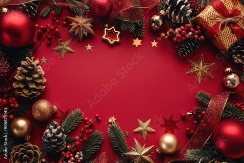 Red and Gold Christmas Decorations on a Red Background