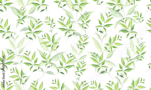 Seamless watercolor pattern. Green leaves on a transparent background. It can be used to create wallpaper, packaging, fabrics.