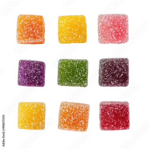 Colorful gummy candies, square-shaped, arranged in a grid, white isolate background. transparent background