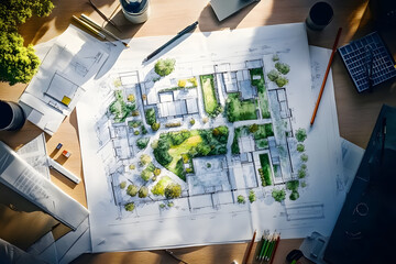 Rideaux Beige Architectural plans with landscape design on the desk. Top view  © john