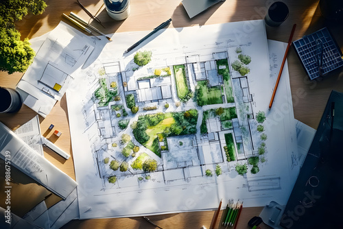 Architectural plans with landscape design on the desk. Top view photo