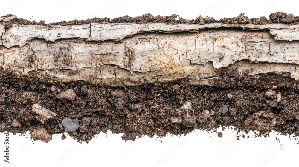 Cross-section of soil and tree bark, illustrating natural layers and textures. transparent background