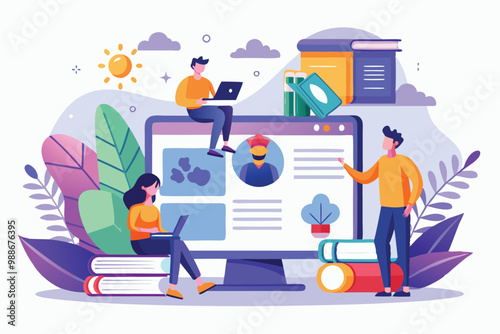 Students interact with a digital learning platform featuring educational resources and engaging activities, Education and training, learning, Landing webpage design,