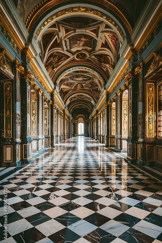 Golden and Marble Hallway with Checkered Floor