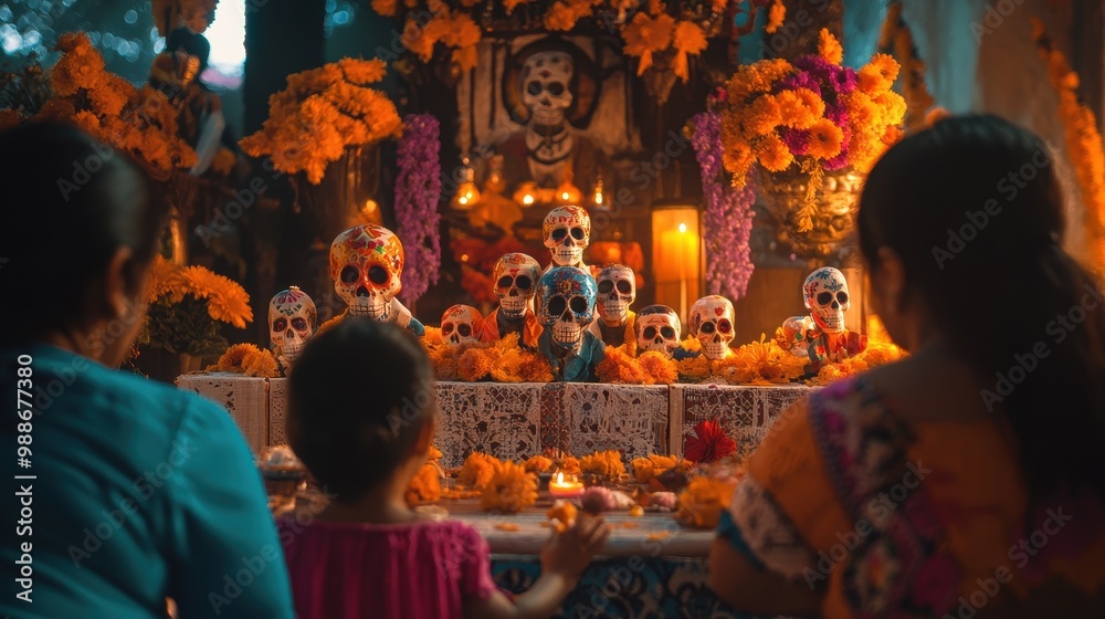Vibrant Dia de los Muertos Celebration with Ornate Altar Vibrant Dia de los Muertos Celebration with Ornate Altar