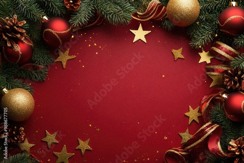 Red and Gold Christmas Decorations on a Red Glittery Background photo