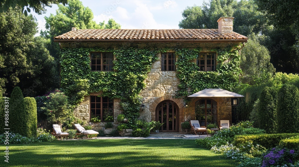 Charming stone house surrounded by lush greenery, featuring a beautiful garden and rustic architecture, perfect for a tranquil escape. Charming stone house surrounded by lush greenery, featuring a beautiful garden and rustic architecture, perfect for a tranquil escape.