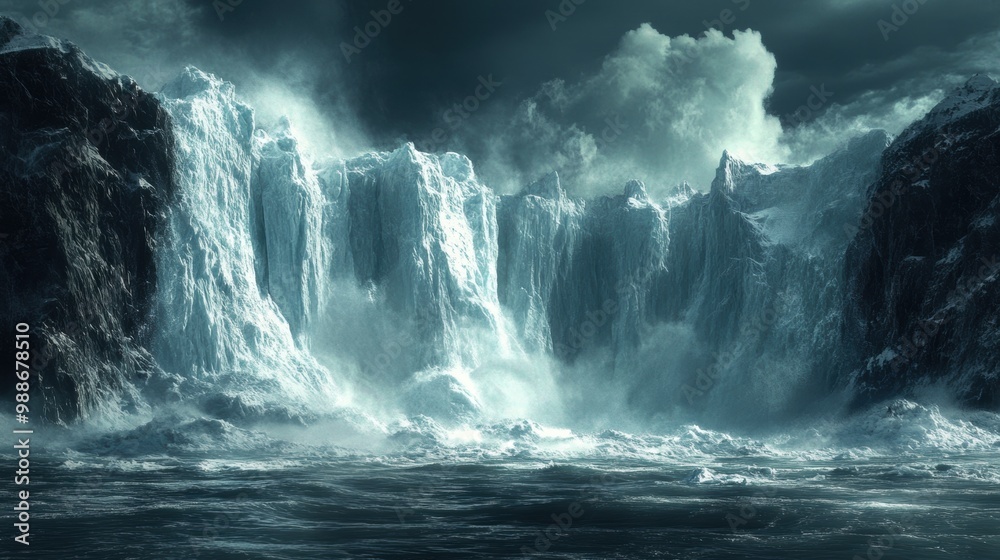 Obraz premium Majestic waterfall cascading into a dark ocean, surrounded by rocky cliffs and dramatic clouds, showcasing nature's raw power.