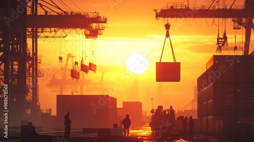 Silhouetted cargo containers and cranes during a stunning sunset at a shipping dock, capturing the essence of maritime industry. photo