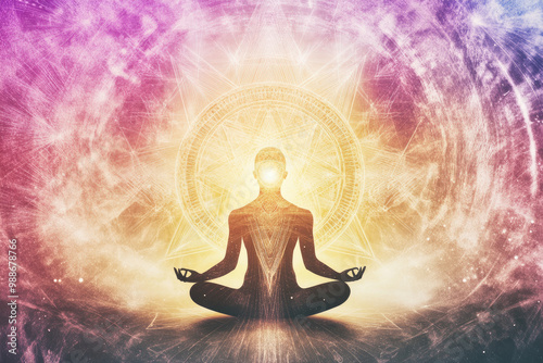 A person meditating with sacred geometry in the background, surrounded by light and energy