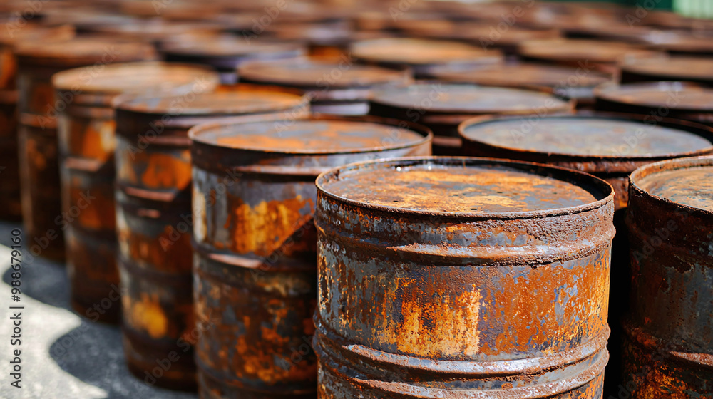 a collection of rusty metal barrels stacked in an antique storage facility, with soft natural light highlighting their textures a collection of rusty metal barrels stacked in an antique storage facility, with soft natural light highlighting their textures