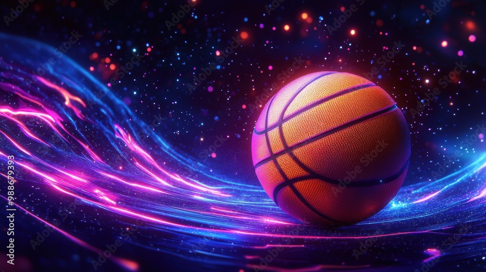 A vibrant basketball rolling through a colorful abstract background, blending motion and energy in a dynamic sports theme. A vibrant basketball rolling through a colorful abstract background, blending motion and energy in a dynamic sports theme.