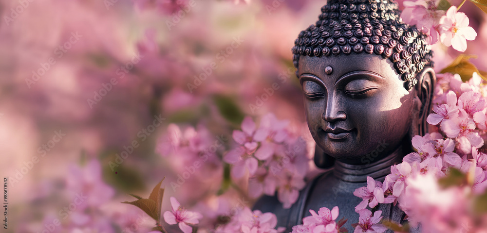 A serene Buddha statue surrounded by blooming cherry blossoms, creating an atmosphere of peace and harmony in the midst of nature's beauty. A serene Buddha statue surrounded by blooming cherry blossoms, creating an atmosphere of peace and harmony in the midst of nature's beauty.