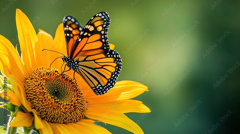Naklejka premium Vibrant Butterfly on Sunflower: Stunning Close-Up Image Perfect for Nature-Inspired Wall Art or Eye-Catching Posters in Home, Office, or Sportive Interiors!