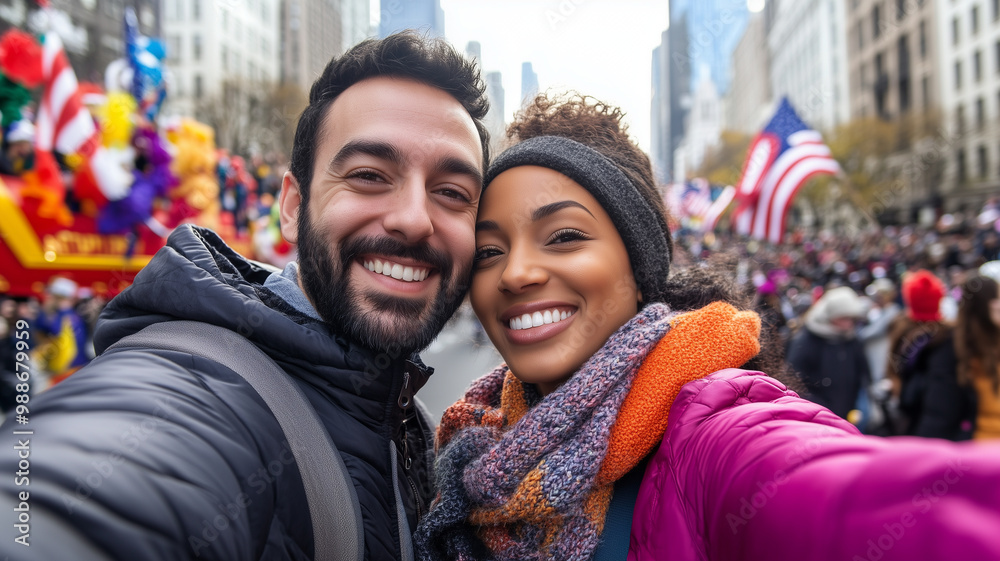 joyful couple smiles while taking selfie at vibrant parade, surrounded by colorful floats and cheering crowds. Their happiness radiates in festive atmosphere joyful couple smiles while taking selfie at vibrant parade, surrounded by colorful floats and cheering crowds. Their happiness radiates in festive atmosphere