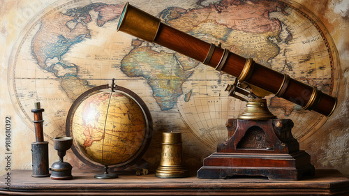 old telescope and nautical instruments are beautifully displayed against vintage world map, evoking sense of exploration and adventure. intricate details of globe and instruments add to historical