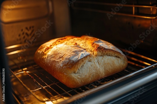 A Freshly Baked, Golden Brown Loaf of Bread is Gently Rising in the Oven Right Now