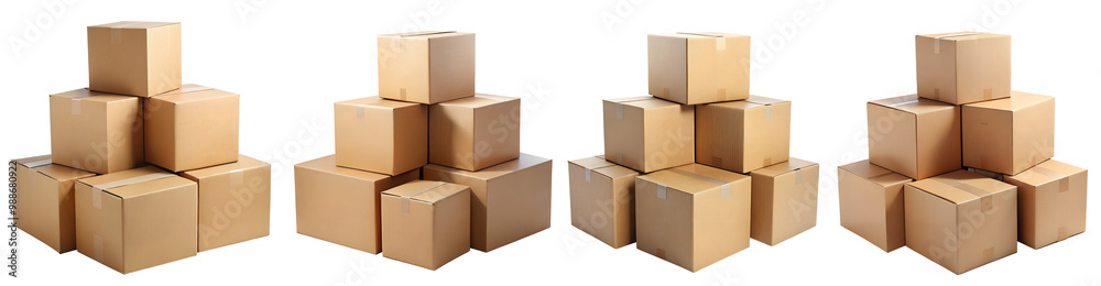 Set of cardboard boxes on isolated transparent background. Concept of moving and storing things. Set of cardboard boxes on isolated transparent background. Concept of moving and storing things.