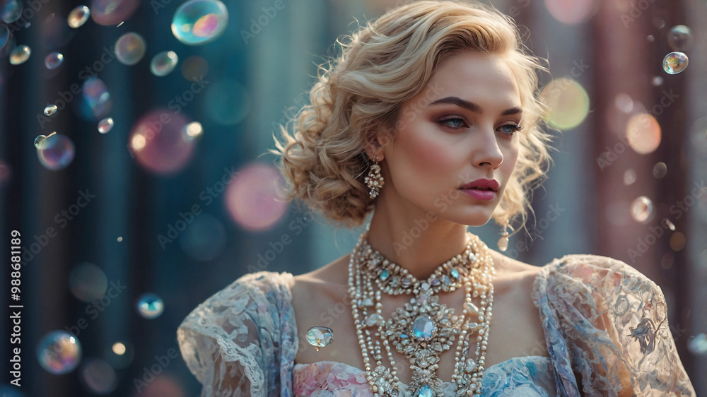 Naklejka premium portrait of a woman in a dress shows off her charm and elegance. A woman with a beautiful wavy bob hair-11