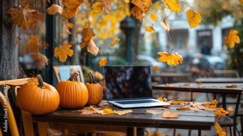 Fototapeta Naklejka Na Ścianę i Meble -  Cozy Autumn Outdoor Workspace with Pumpkins and Leaves